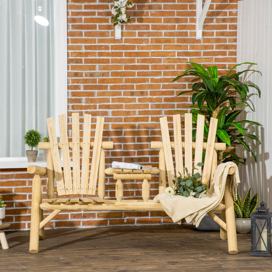 Wooden Adirondack Chair With Center Table, 2-Seat Garden Chair For Lounging And Relaxing Outdoors Natural
