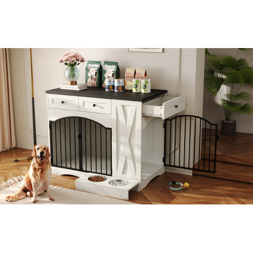 GO 43.3 Farmhouse Dog Crate Furniture, Heavy Duty Dog Crate With 3 Drawers, Indoor Wooden Dog Kennel With Removable Feeder, Dog Cage End Table For Medium Large Dogs, White
