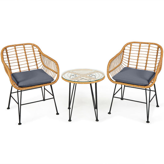 3 Pieces Rattan Furniture Set With Cushioned Chair Table