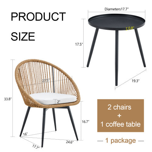Modern 3 Piece Set17.7 Anti Spill Round Coffee Table 2 Rattan Swivel Chairs Outdoor Patio Furniture For Tea Time.Suitable For Various Outdoor Venues.3 Piece Set Packaged As A Single Package