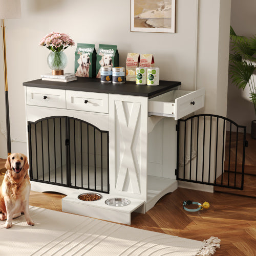 GO 43.3 Farmhouse Dog Crate Furniture, Heavy Duty Dog Crate With 3 Drawers, Indoor Wooden Dog Kennel With Removable Feeder, Dog Cage End Table For Medium Large Dogs, White
