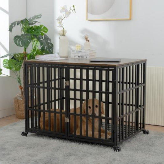 Heavy Duty Wooden Dog Cage For Large And Medium Dogs Furniture Style Indoor Pet Cage With Wheels And Lock