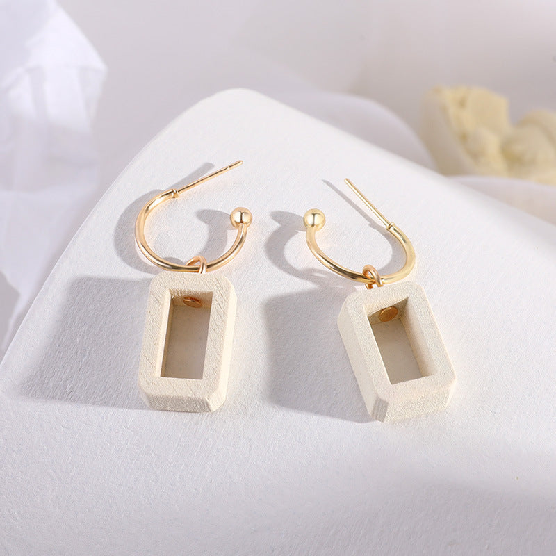 Temperament Long Earrings Female Wood Geometric Pendant