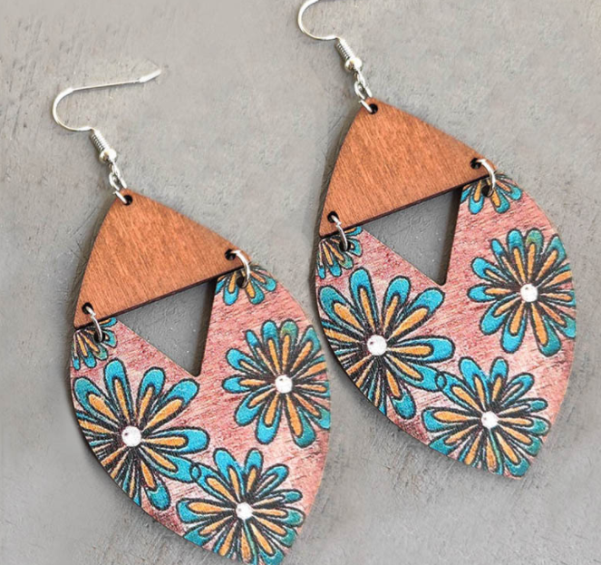 Bohemian Stripe Large Floral Patchwork Wood Earrings