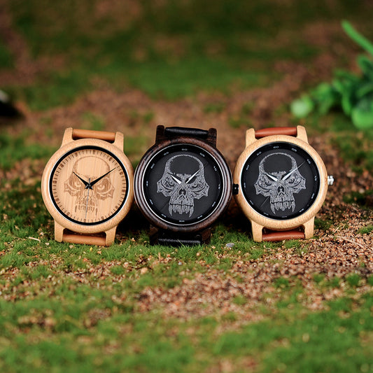 BOBO BIRD P24 Unisex Bamboo Wood Watch Halloween Skull Feature Design Mysterious Quartz Wristwatch with Skull Custom on Glass