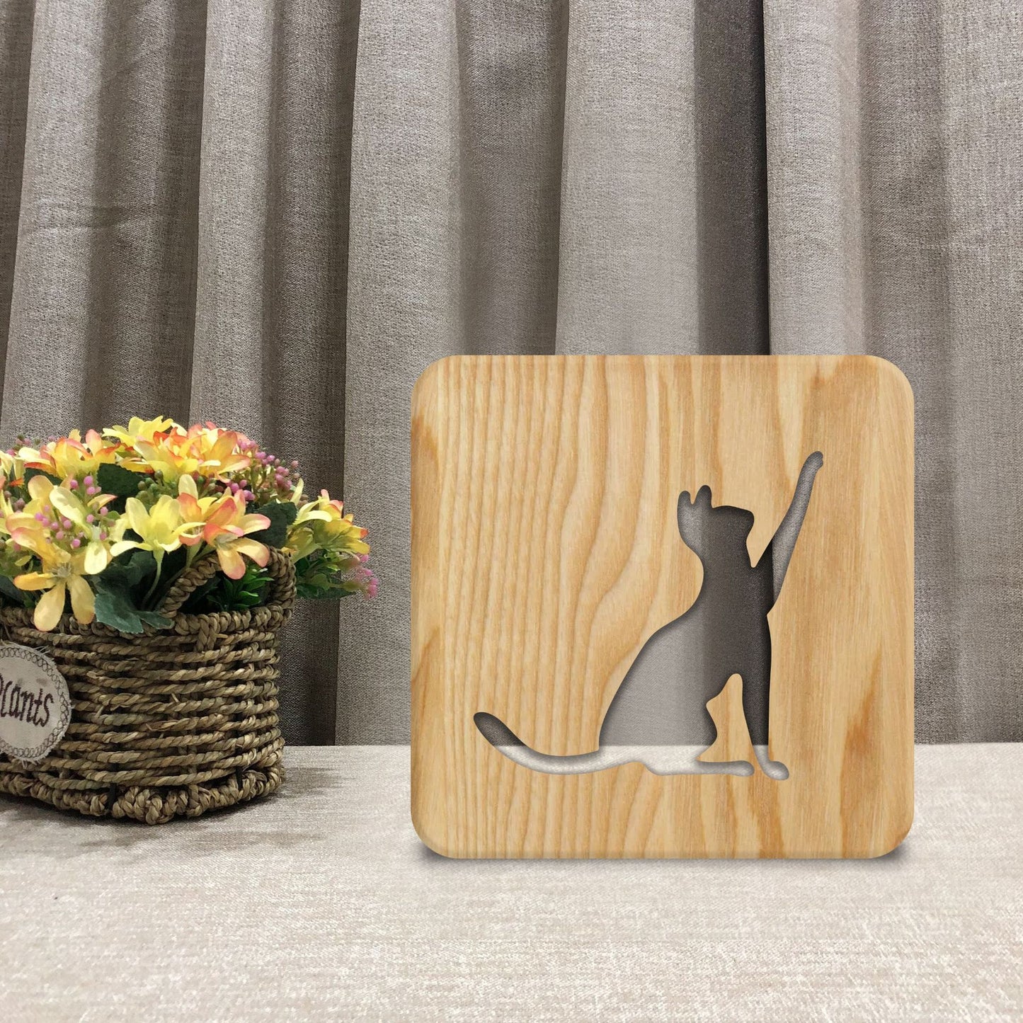 Animal Cat 3D Night Light Solid Wood Hollow