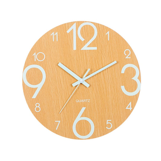 Night Light Silent Wood Grain Creative Wall Clock