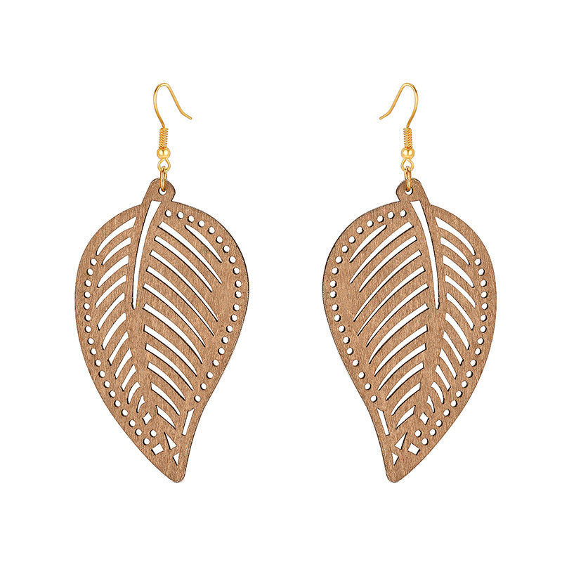 Wood Earrings Hollow Leaf Shape Exaggerated Sweet