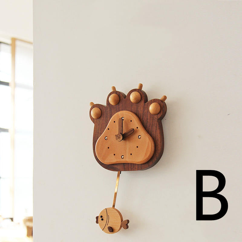 Fish And Bear Paw Cartoon Mute Solid Wood Pendulum Clock Indoor Wall Clock