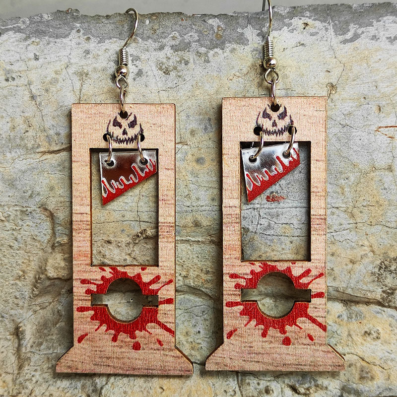 Scary Halloween Creative Guillotine Bloodstained Wood Earrings