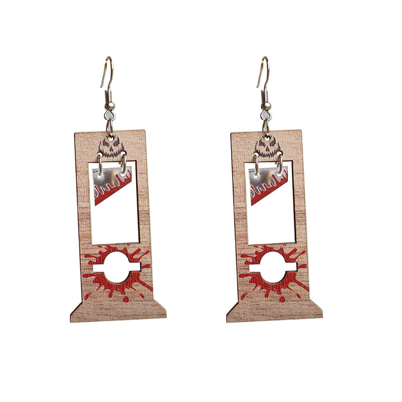 Scary Halloween Creative Guillotine Bloodstained Wood Earrings