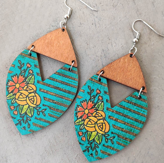 Bohemian Stripe Large Floral Patchwork Wood Earrings