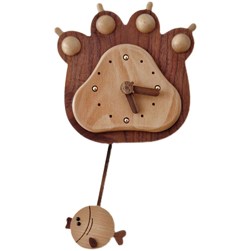Fish And Bear Paw Cartoon Mute Solid Wood Pendulum Clock Indoor Wall Clock