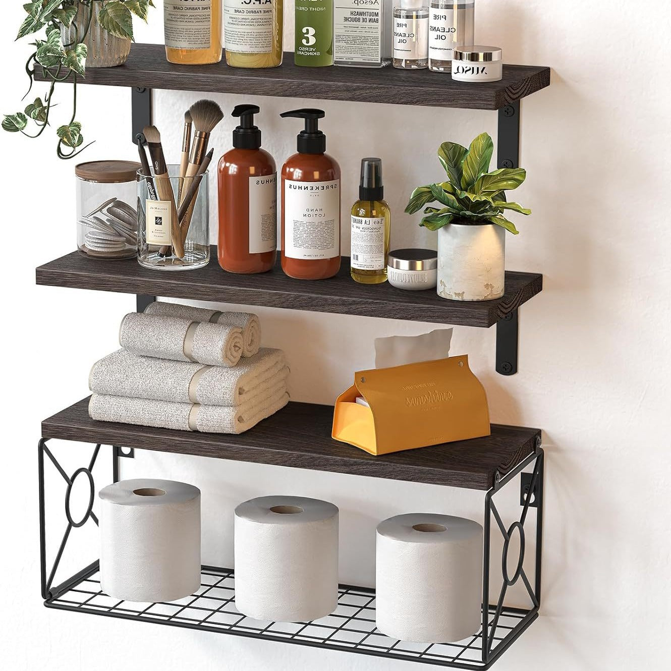 Wall-mounted Floating Rack With Storage Basket Wooden Bathroom Shelf