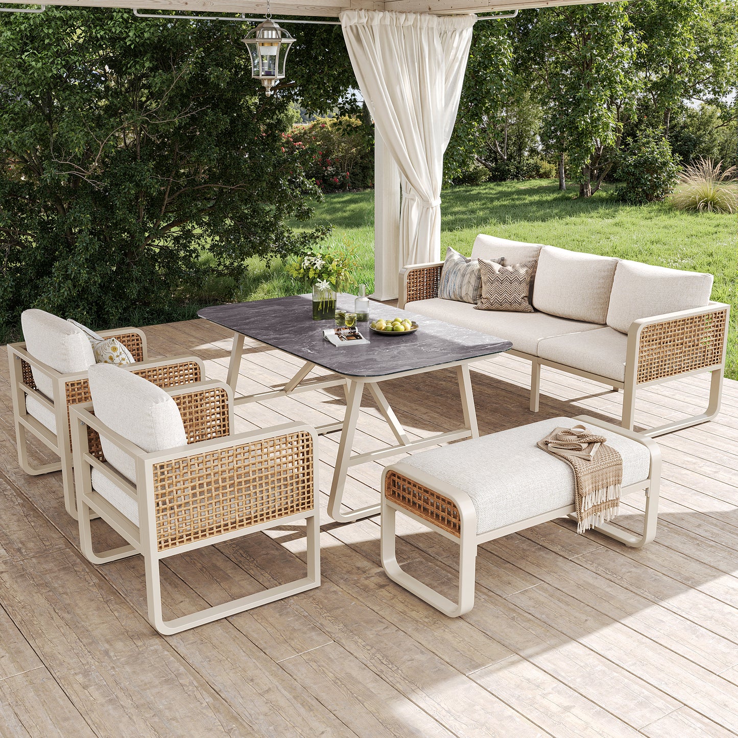 Garden Lounge Set For 6-7 People, PE Rattan Seating Group Incl. Side Table, Garden Sofa With Washable Cushions, Adjustable Feet For Terrace, Balcony, Garden, Beige