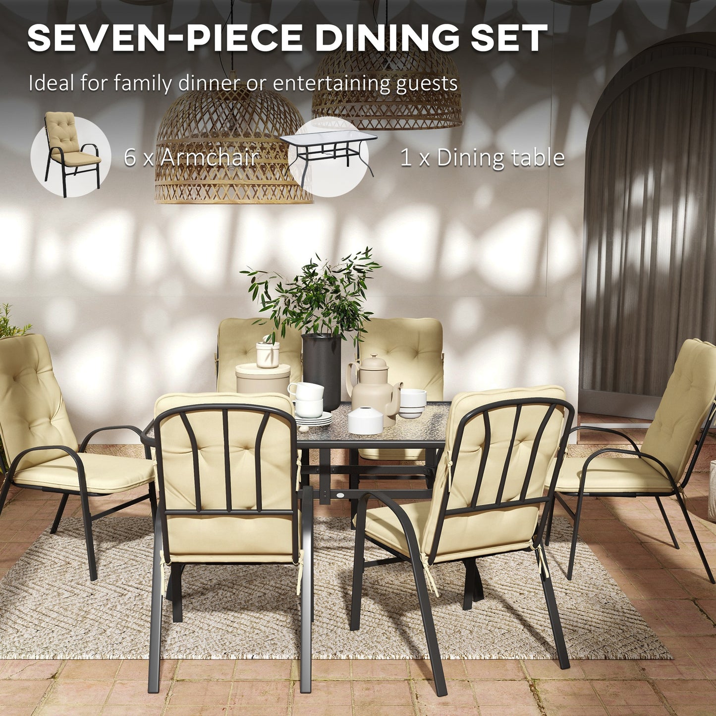 Seven-Piece Garden Dining Set With Cushions - Beige