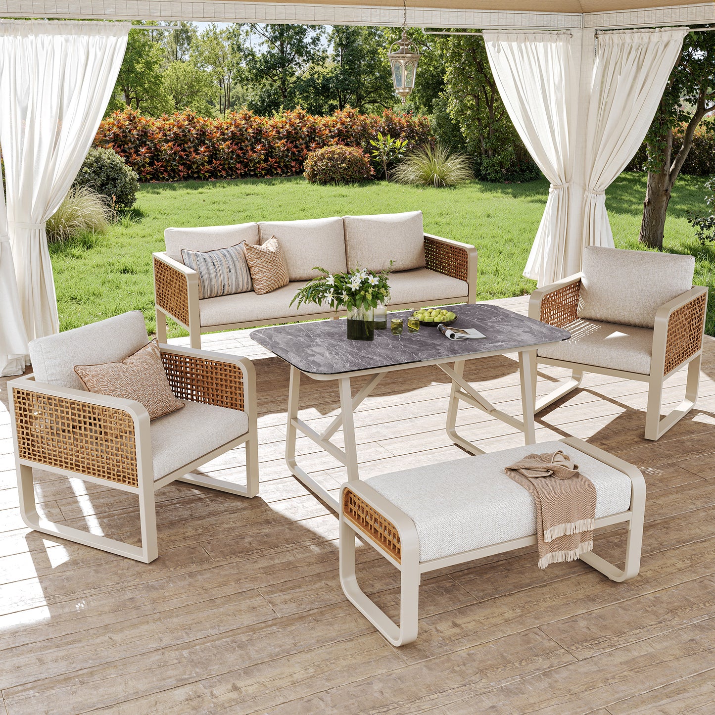 Garden Lounge Set For 6-7 People, PE Rattan Seating Group Incl. Side Table, Garden Sofa With Washable Cushions, Adjustable Feet For Terrace, Balcony, Garden, Beige