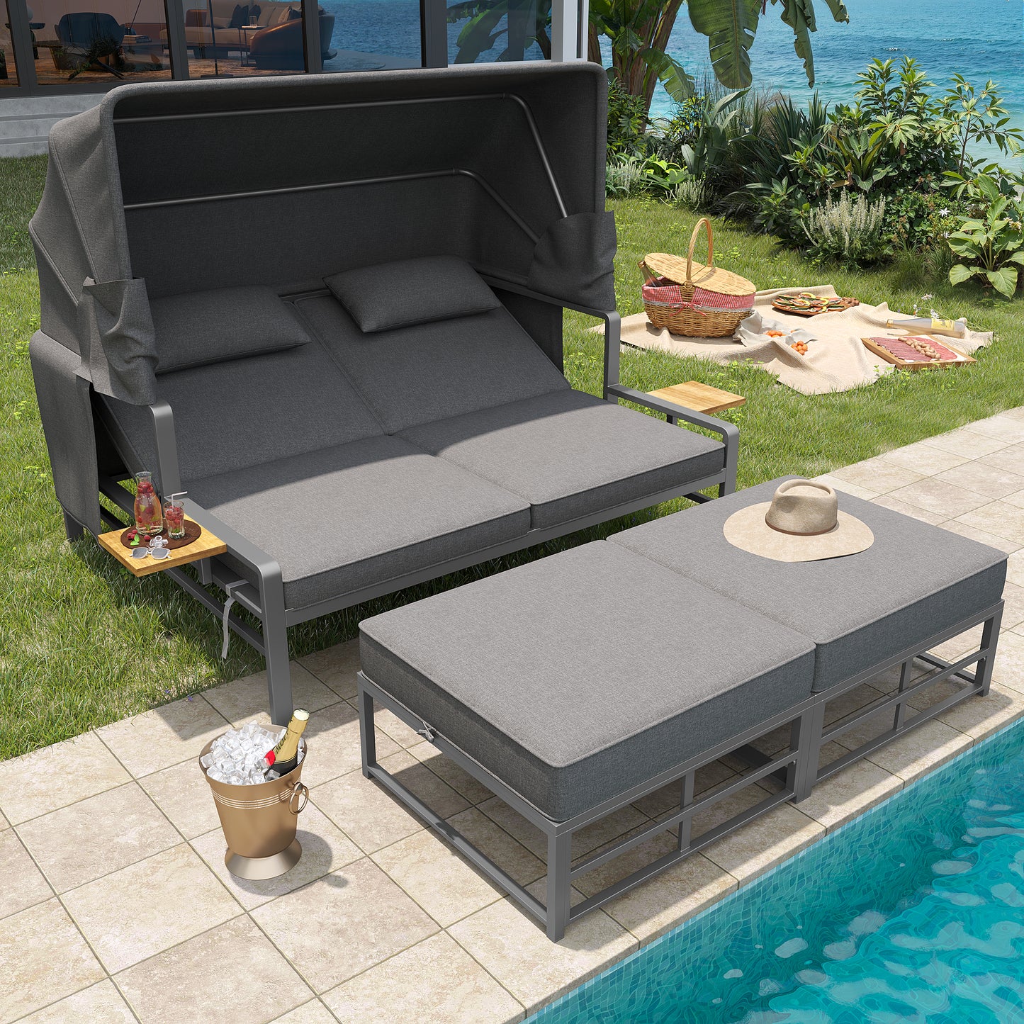 Garden Lounge Set For 2-4 People, Sun Lounger Set, Garden Lounger For 2 People With Foldable Sunshade, Outdoor Sofa Set, Dining Set For Terrace, Balcony, Garden, Indoor Outdoor Use