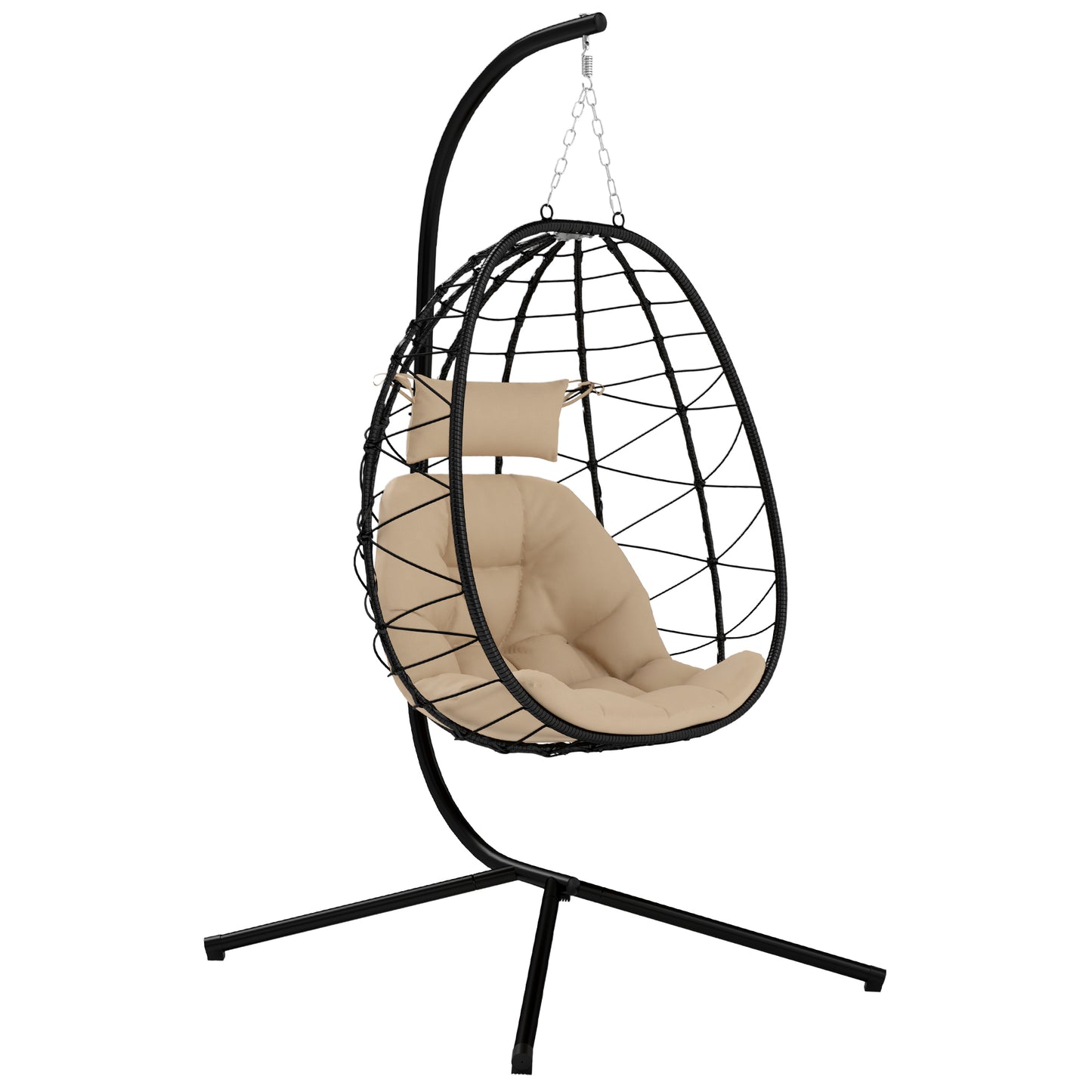 Hanging Egg Chair Outdoor Indoor Garden Swing Chair With Folding Basket, Thickened Cushion, Garden Hanging Chair With Stand, Headrest For Patio, Balcony, Khaki