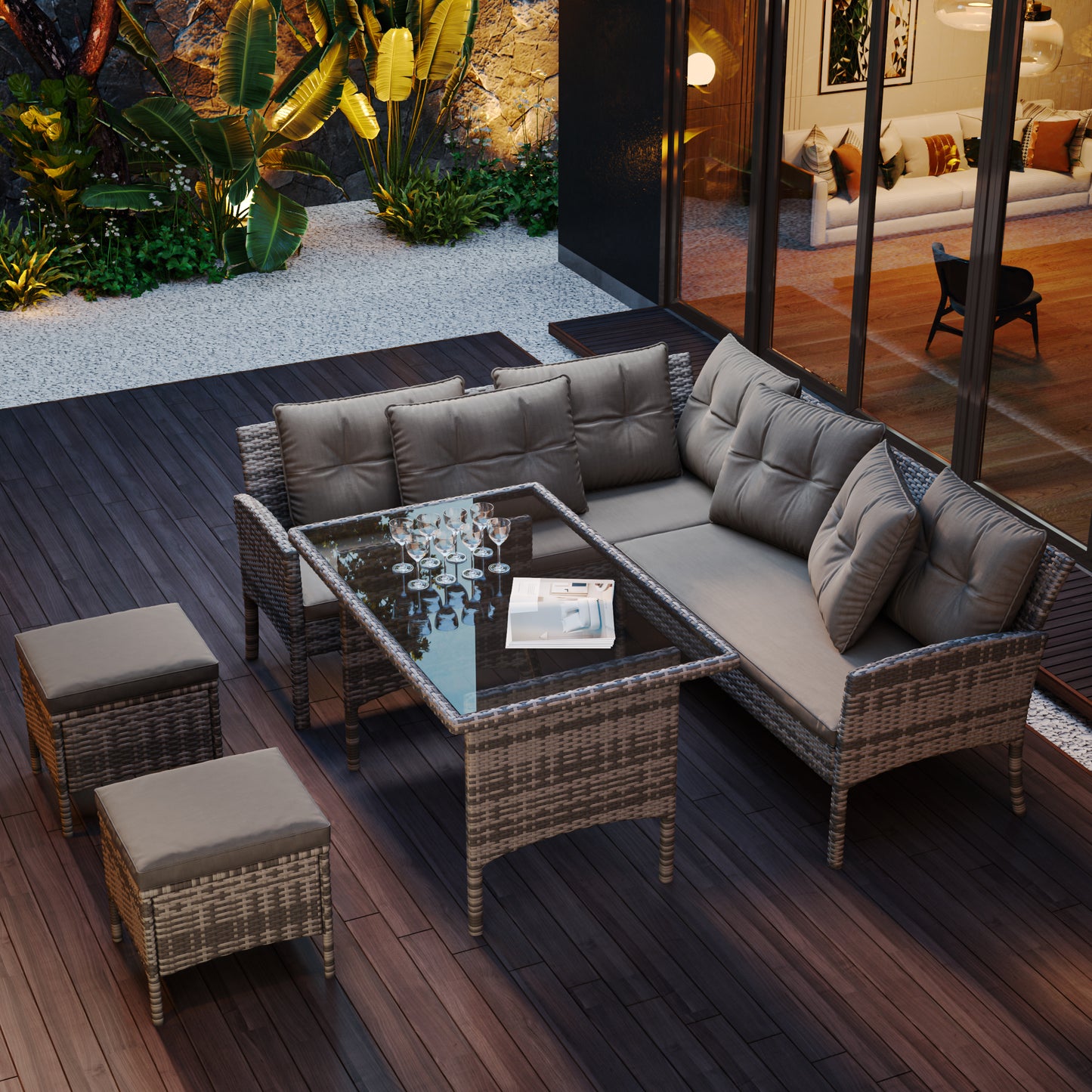 Garden Furniture Sets, Garden Sofa,Garden Corner Sofa Rattan Patio Set, 6-7 Seater Outdoor Patio Furniture,Lounge Corner Sofa Set With Table Stool, Mixed Grey Wicker With Dark Grey Cushions