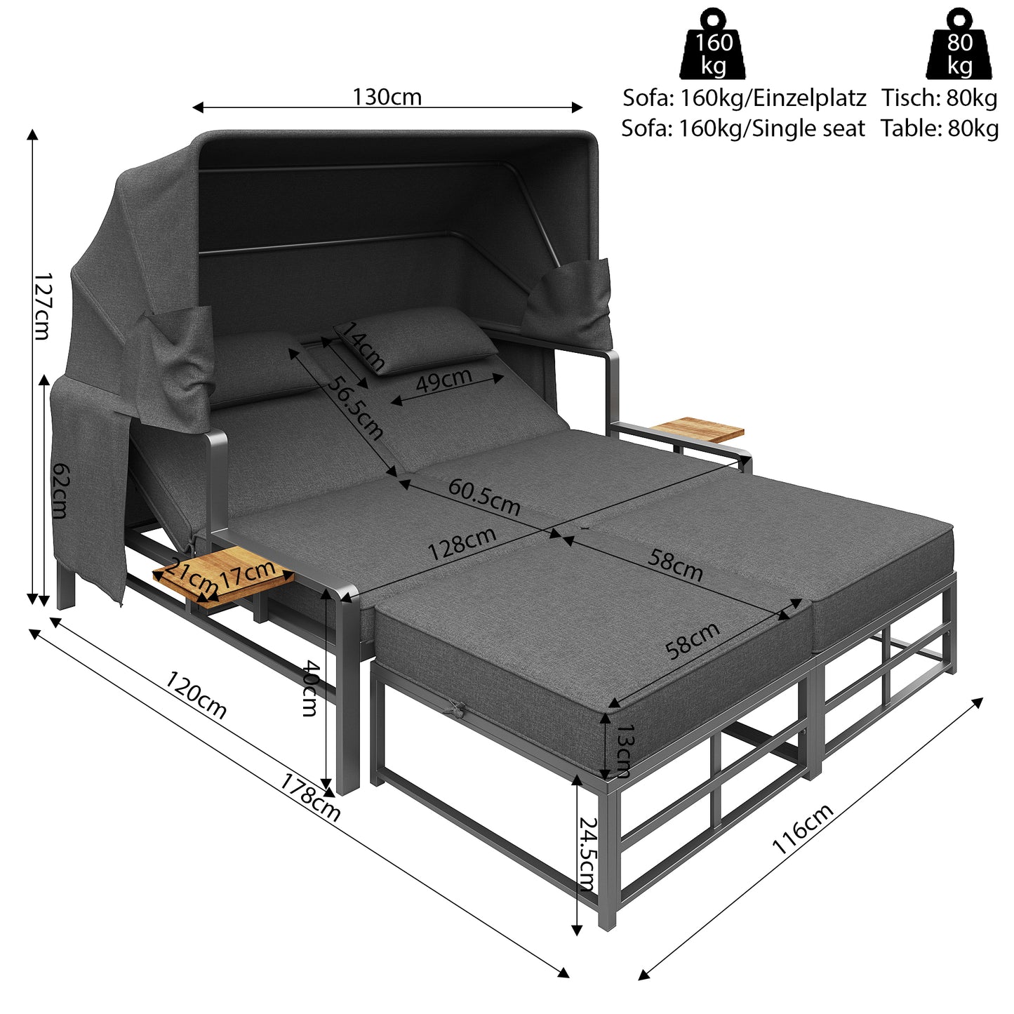 Garden Lounge Set For 2-4 People, Sun Lounger Set, Garden Lounger For 2 People With Foldable Sunshade, Outdoor Sofa Set, Dining Set For Terrace, Balcony, Garden, Indoor Outdoor Use