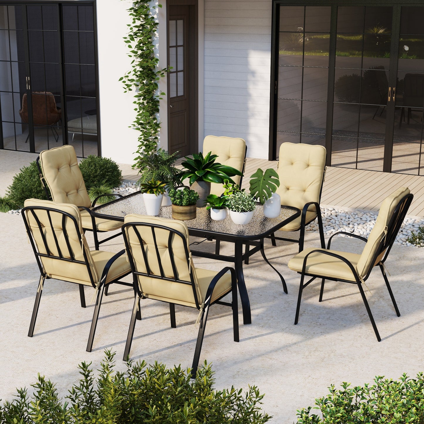 Seven-Piece Garden Dining Set With Cushions - Beige