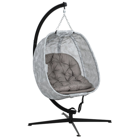 Hanging Egg Chair Outdoor Indoor Garden Swing Chair With Folding Basket, Garden Hanging Chair With Stand, Thickened Cushion, Cup Holder For Patio, Balcony, Sand Brown