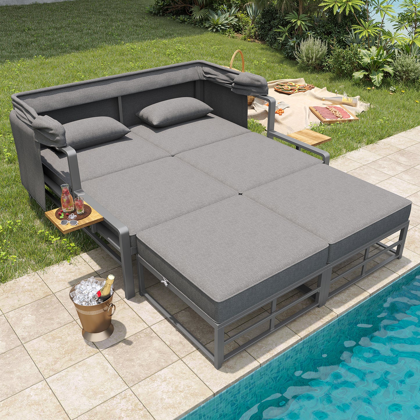 Garden Lounge Set For 2-4 People, Sun Lounger Set, Garden Lounger For 2 People With Foldable Sunshade, Outdoor Sofa Set, Dining Set For Terrace, Balcony, Garden, Indoor Outdoor Use