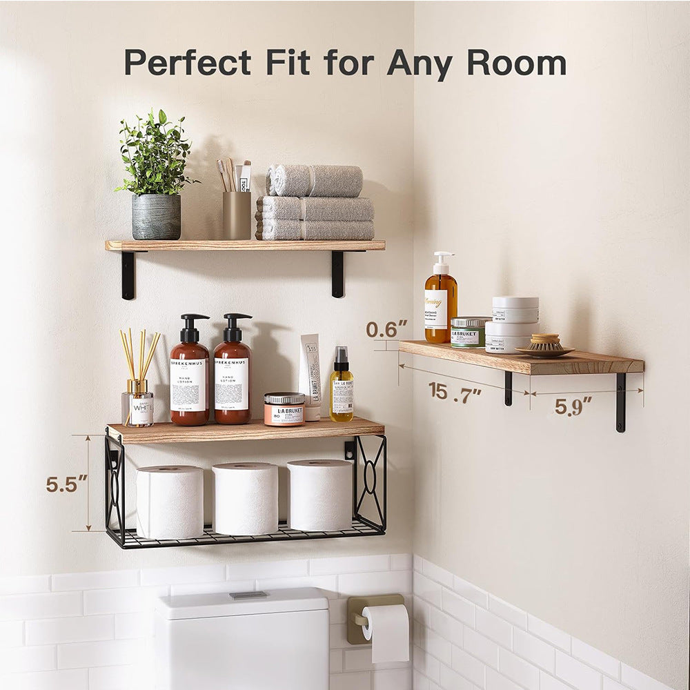 Wall-mounted Floating Rack With Storage Basket Wooden Bathroom Shelf
