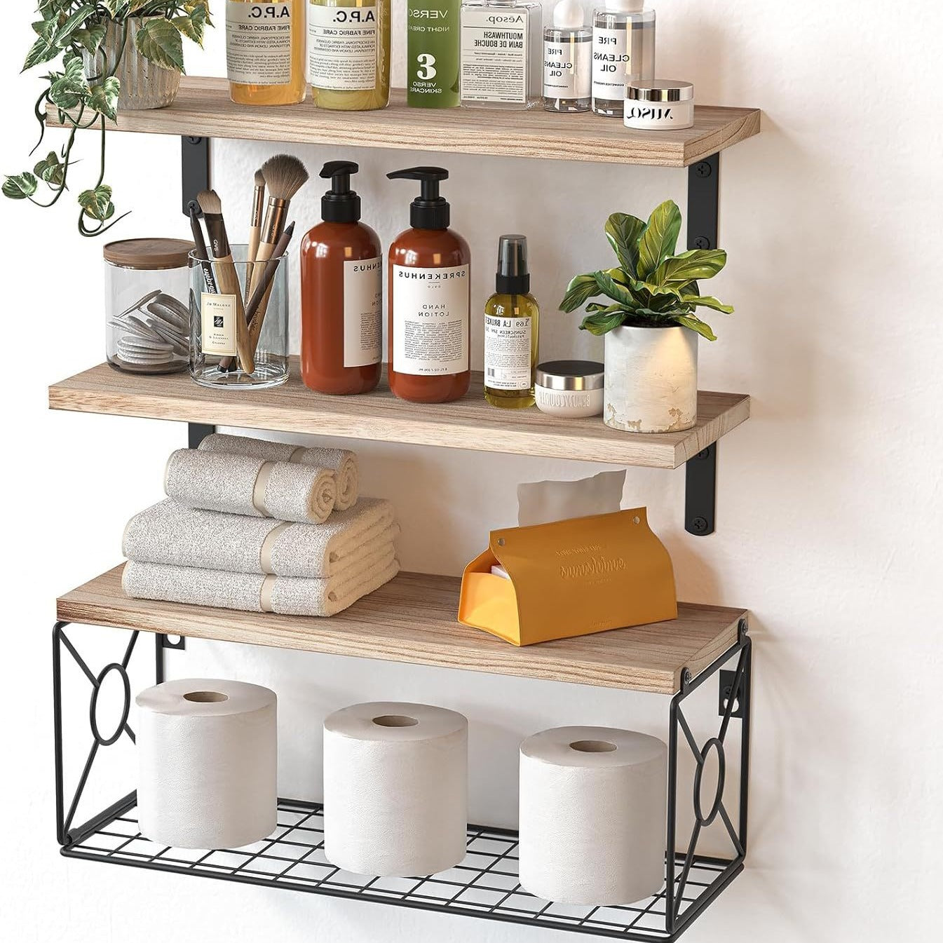Wall-mounted Floating Rack With Storage Basket Wooden Bathroom Shelf