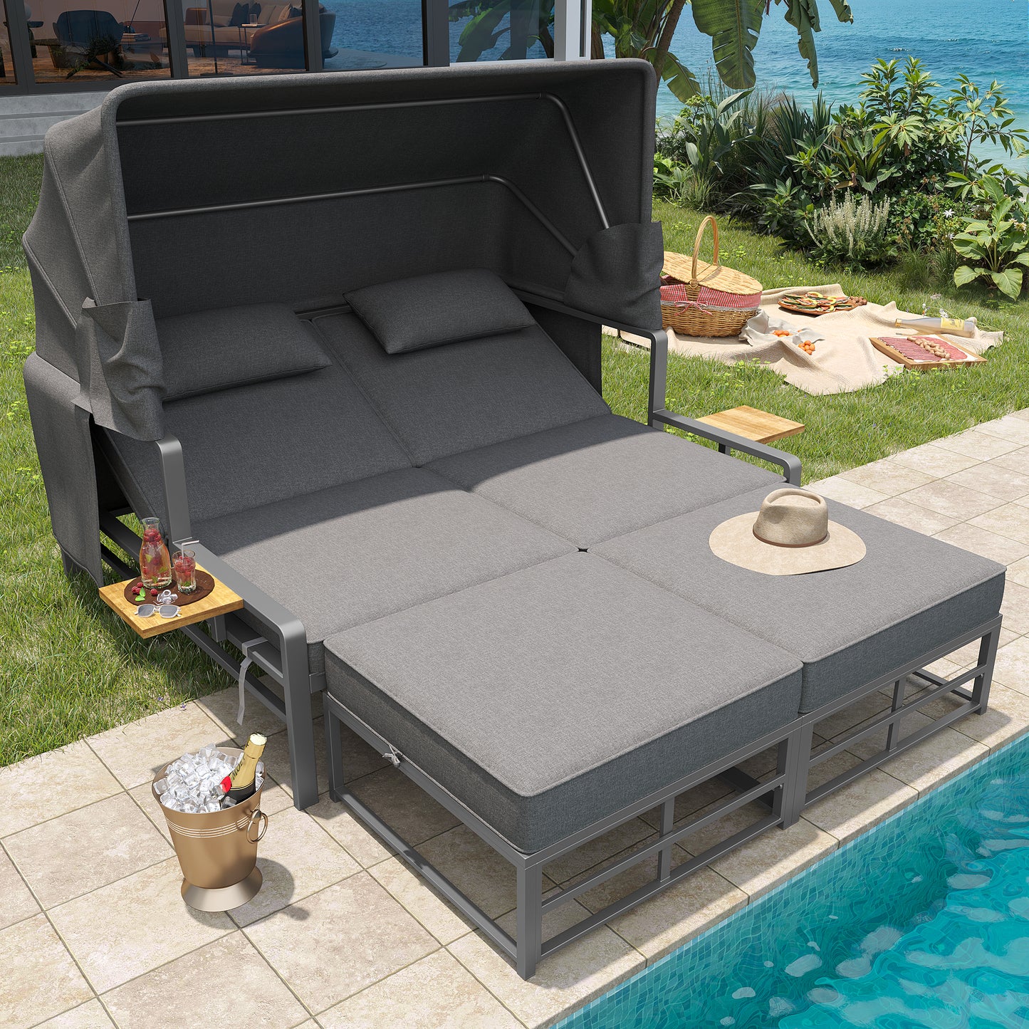 Garden Lounge Set For 2-4 People, Sun Lounger Set, Garden Lounger For 2 People With Foldable Sunshade, Outdoor Sofa Set, Dining Set For Terrace, Balcony, Garden, Indoor Outdoor Use