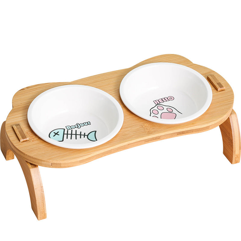 Pet Bowl Oblique Mouth High Foot Protection Spine Wooden Frame