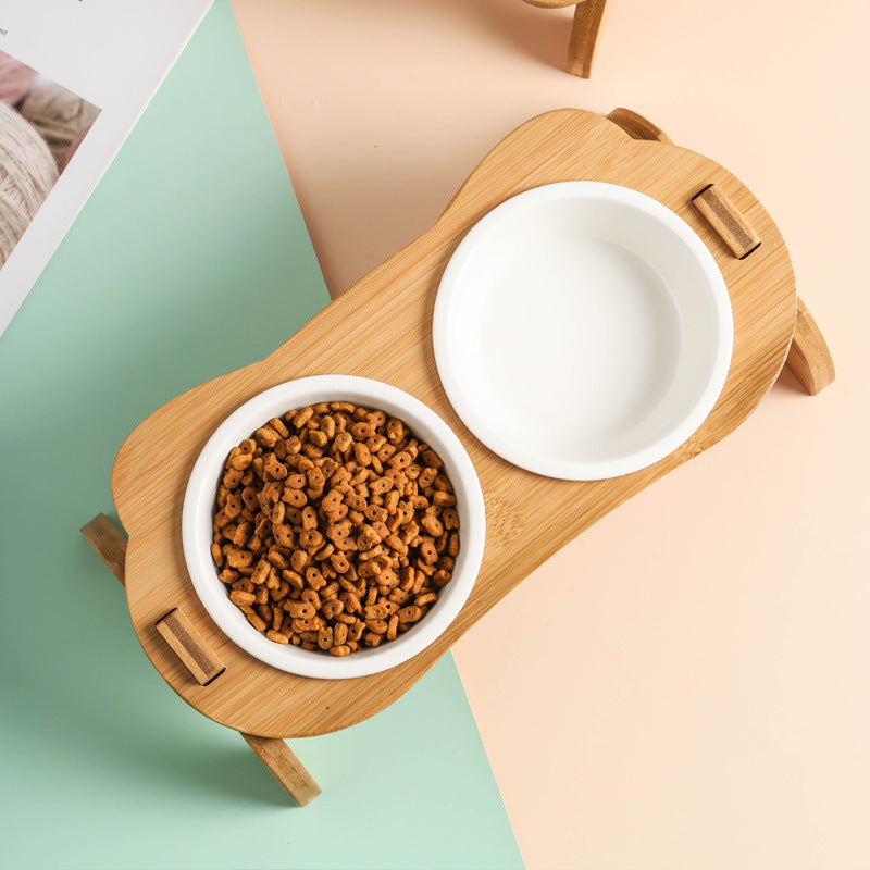 Pet Bowl Oblique Mouth High Foot Protection Spine Wooden Frame