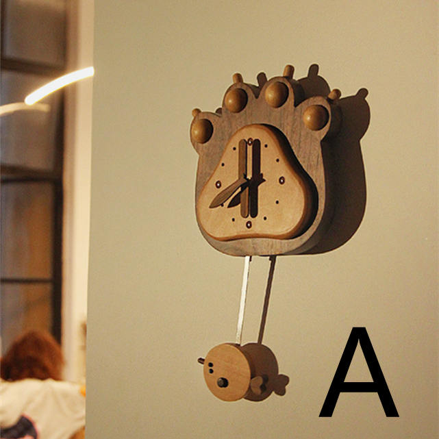 Fish And Bear Paw Cartoon Mute Solid Wood Pendulum Clock Indoor Wall Clock