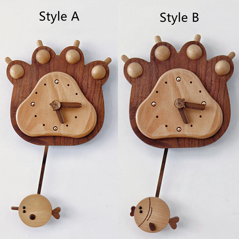 Fish And Bear Paw Cartoon Mute Solid Wood Pendulum Clock Indoor Wall Clock